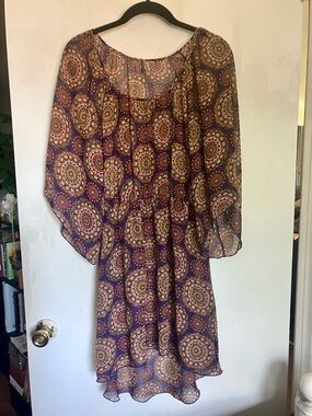 Sheer Boho Medallion Print Dress in Purple & Gold